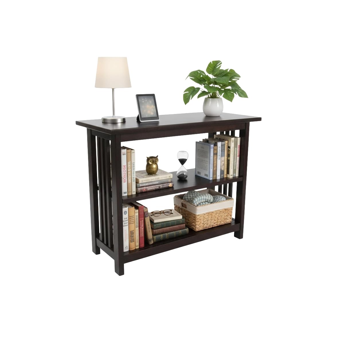 Mission 3-Tier Under Window Bookshelf with Adjustable Middle Shelf and Vertical Slat Side Panels – Space Saving Bookcase for Office, Living Room, or Bedroom (Espresso)