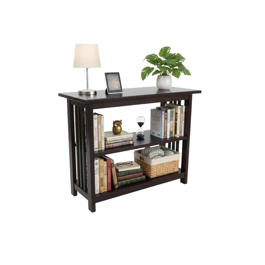 Mission 3-Tier Under Window Bookshelf with Adjustable Middle Shelf and Vertical Slat Side Panels – Space Saving Bookcase for Office, Living Room, or Bedroom (Espresso)