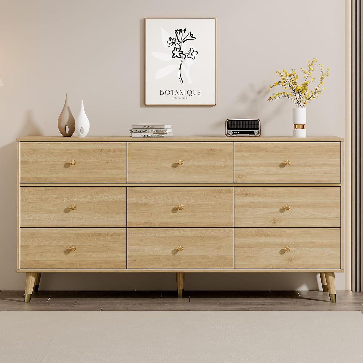 9 Drawer Dresser, 63" Wide Mid Century Modern Chest of Drawers