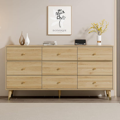 9 Drawer Dresser, 63" Wide Mid Century Modern Chest of Drawers