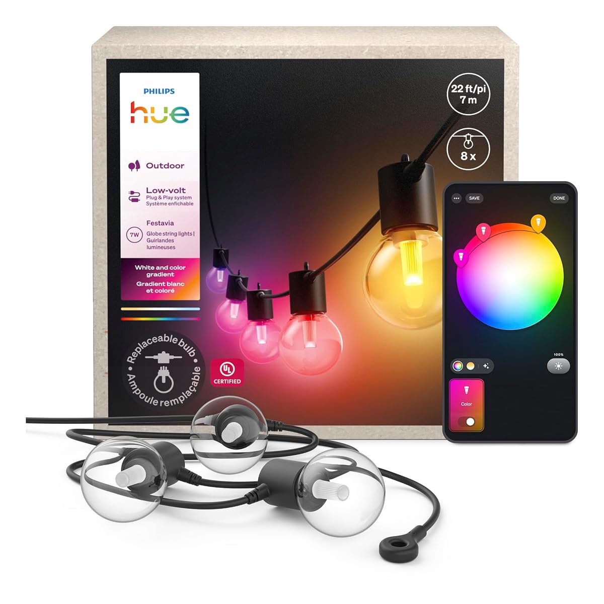 Philips Hue Festavia Globe Outdoor String Lights, White & Color Ambiance, 22ft,8 Bulbs, Dimmable, Control with Hue App or Voice, Bridge Required