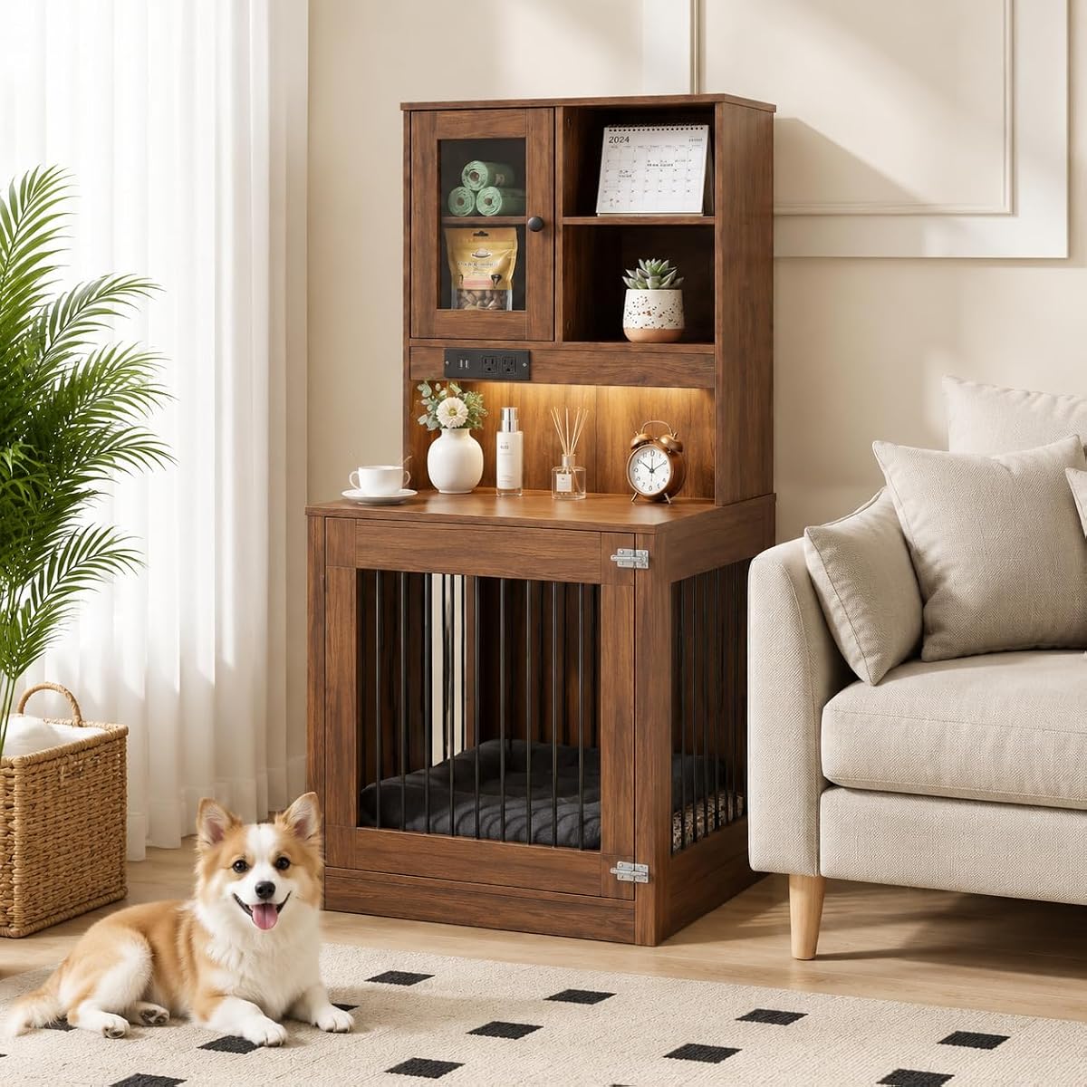 Dog Crate End Table with Storage, Wooden Kennel for Small Dogs & Puppies