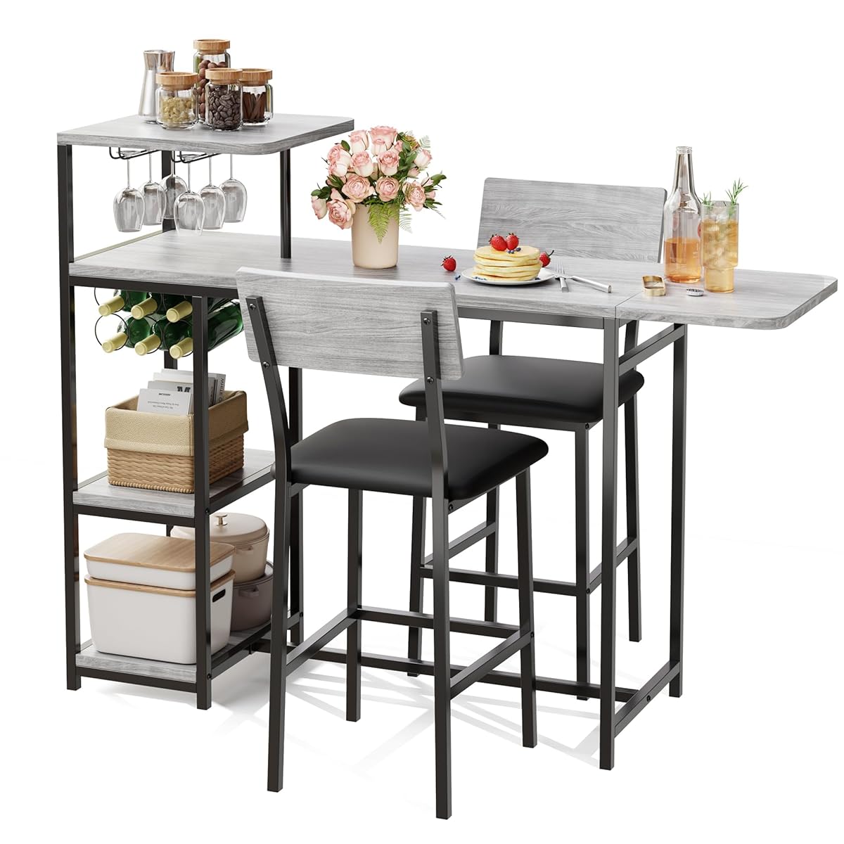 Dining Table Set for 2, 3-Piece Expandable Bar Table and Chairs Set, with Storage Shelves and Wine Rack, Small Kitchen Dining Set for Living Room, Apartment
