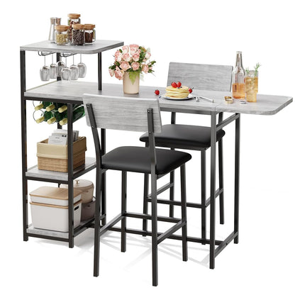 Dining Table Set for 2, 3-Piece Expandable Bar Table and Chairs Set, with Storage Shelves and Wine Rack, Small Kitchen Dining Set for Living Room, Apartment