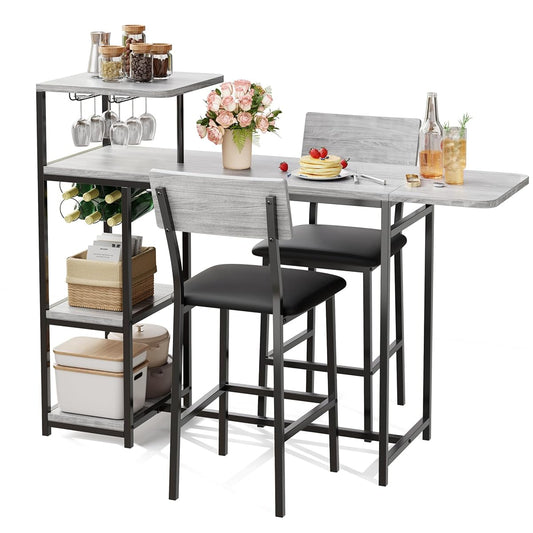 Dining Table Set for 2, 3-Piece Expandable Bar Table and Chairs Set, with Storage Shelves and Wine Rack, Small Kitchen Dining Set for Living Room, Apartment