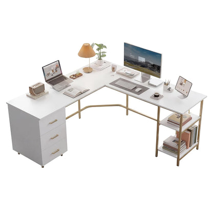 59" Two-Tone L‑Shaped Office Desk with Storage Shelves, Gold