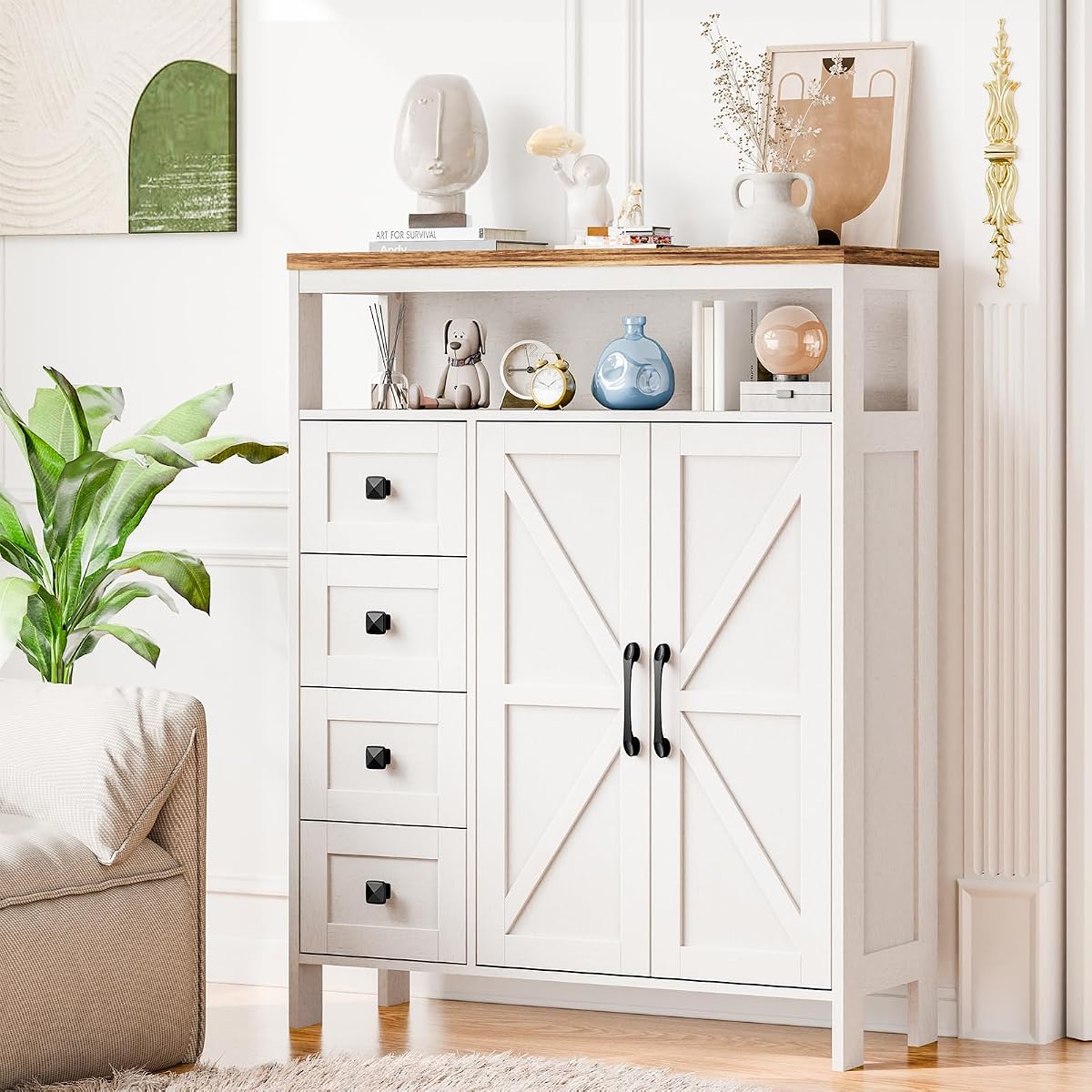Farmhouse Storage Cabinet with 2 Doors and 4 Drawers, Freestanding Bathroom Cabinet Kitchen Pantry, Floor Storage Cabinets Hutch Cupboard for Kitchen/Living Room/Bathroom （Unique White）