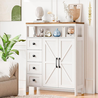 Farmhouse Storage Cabinet with 2 Doors and 4 Drawers, Freestanding Bathroom Cabinet Kitchen Pantry, Floor Storage Cabinets Hutch Cupboard for Kitchen/Living Room/Bathroom （Unique White）