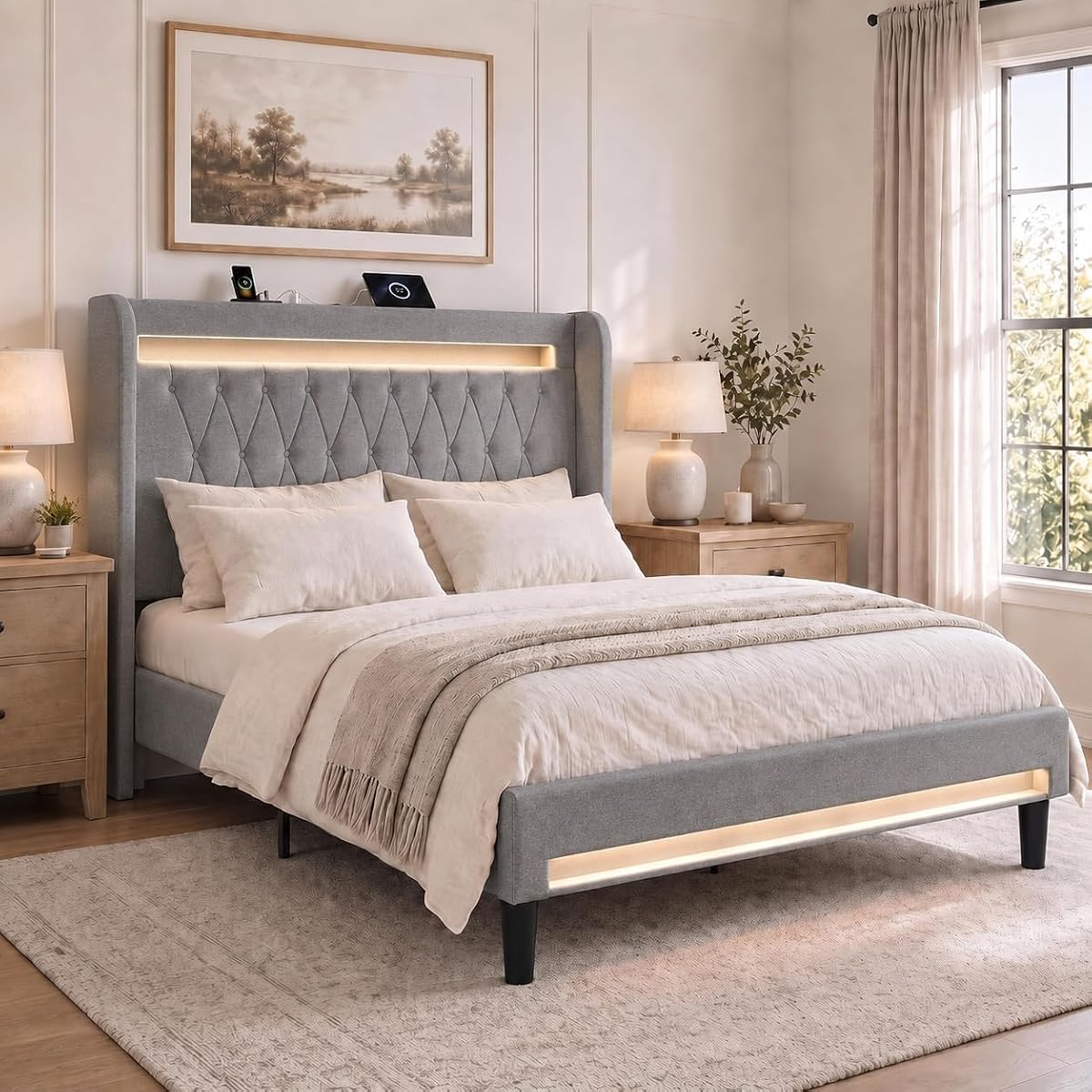 Queen Size Upholstered Bed Frame with LED & Charging Station, Gray