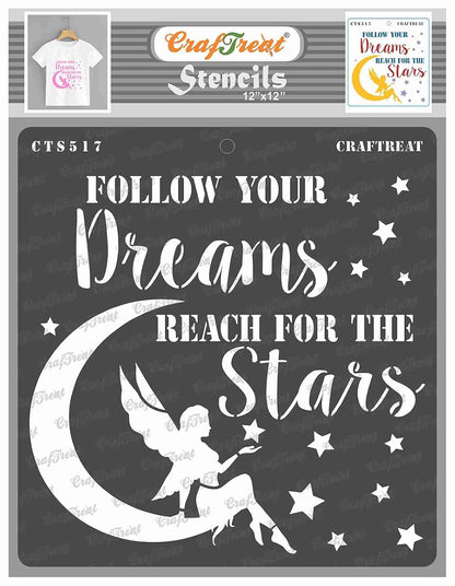 Reusable Quotes Stencils for Painting on Wood, Floor, Furniture, Wall and Tile - Reach for The Stars - 12x12 Inch - Angel Stencils for Painting Words - Moon and Star Stencils with Sayings