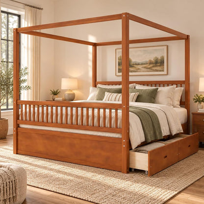 Mid Century Queen Size Wood Canopy Bed Frame, Walnut Posters Platform Beds