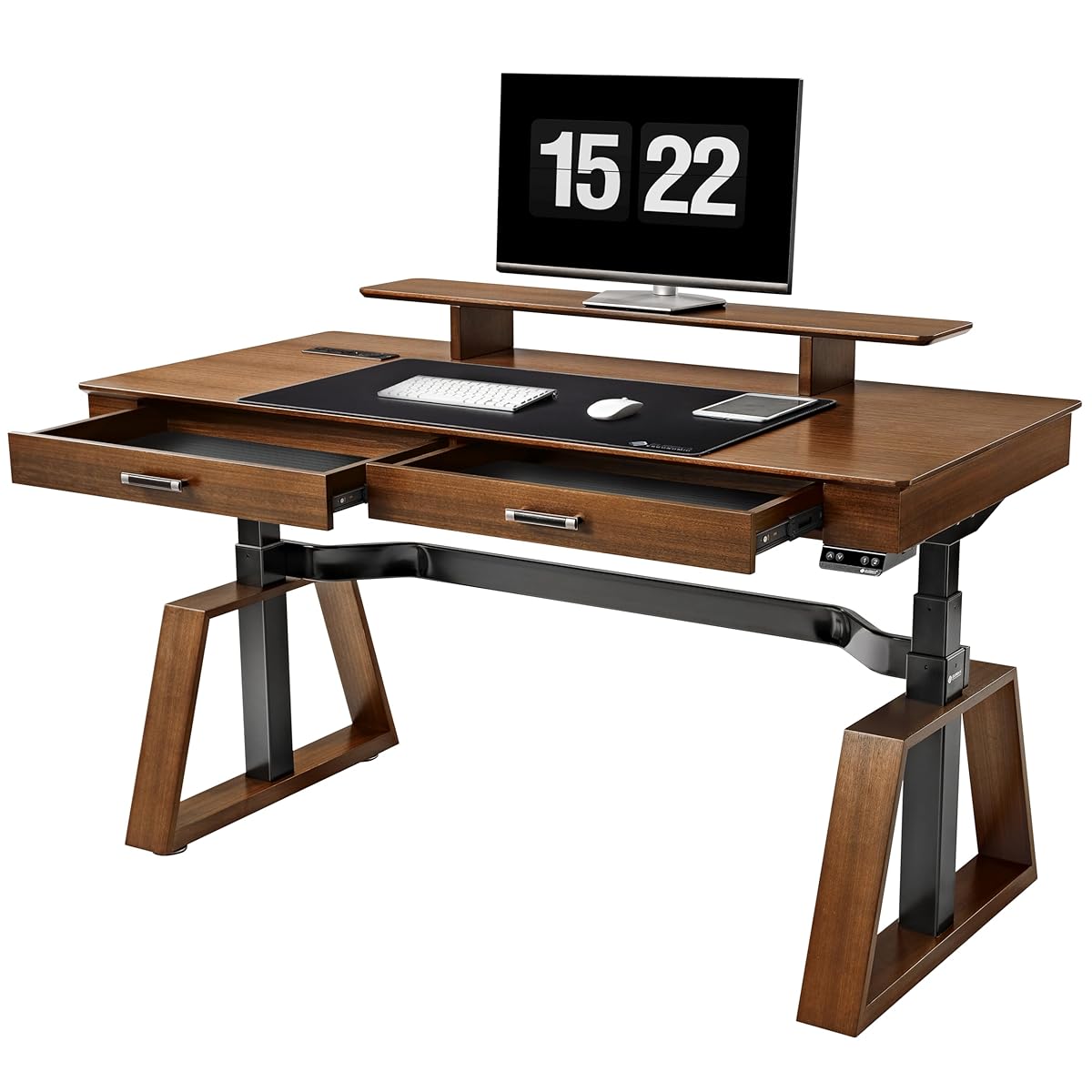 63" Standing Desk with Drawers, App Controlled Adjustable Desk, Executive Sit Stand Desk, Modern Home Office Computer Desk with Monitor Stand, Golden Walnut