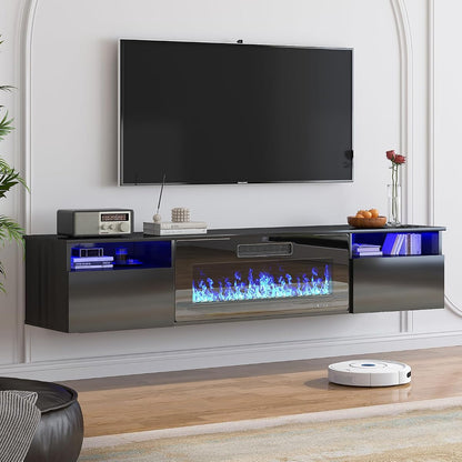 70" Floating TV Stand with 36" Electric Fireplace Heater, Black