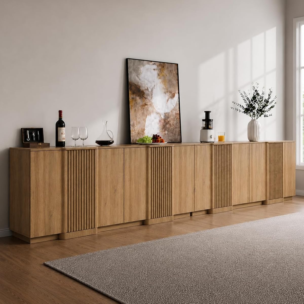 Fluted Buffet Cabinet with Storage, 110" Accent Sideboard Credenza
