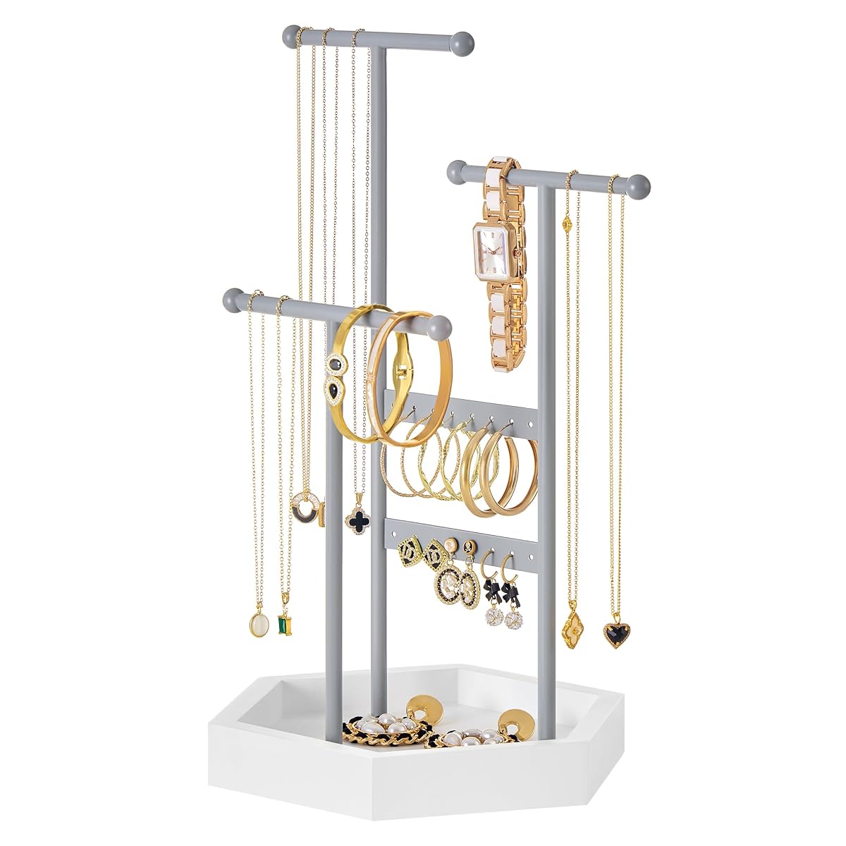 Jewelry Holder for Rings, 3 Tiers and 1 Tray, Metal Frame