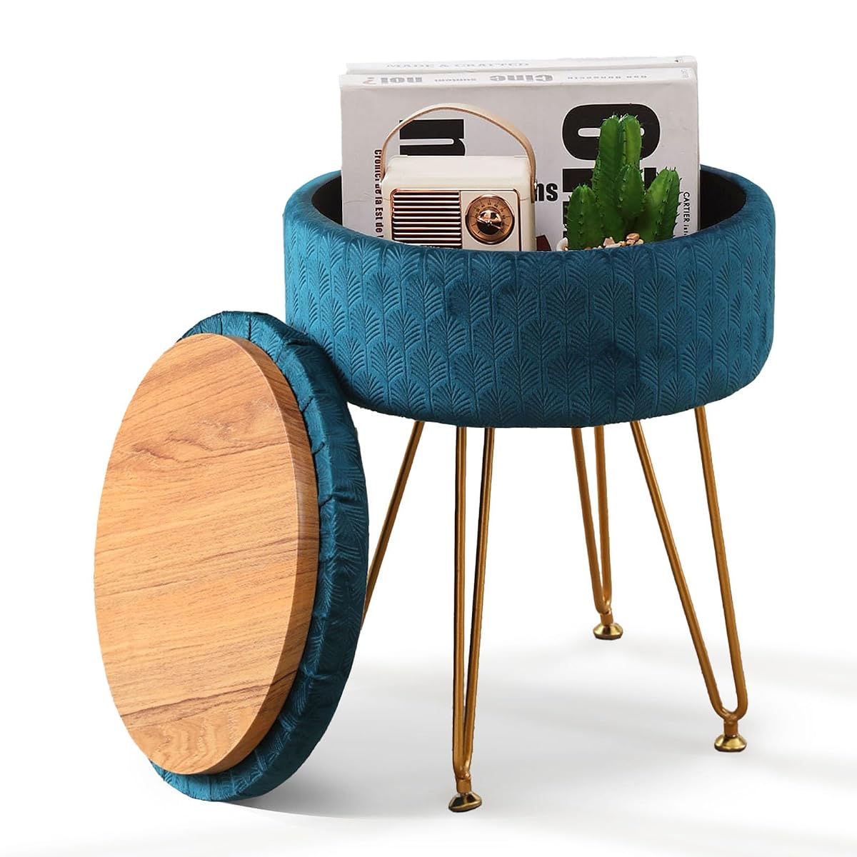 Velvet Storage Ottoman Round Footrest Stool Multifunctional Upholstered Ottoman Modern Accent Vanity Stools Tray Top Coffee Table Suitable for Living Room Bedroom