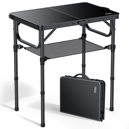 2ft Folding Camping Table with Storage Net, 3 Adjustable Heights Small Folding Table Lightweight & Portable with Carry Handle, for Camping, Fishing, Picnic, Beach, Outdoor, 22.8" x 15.7", Black