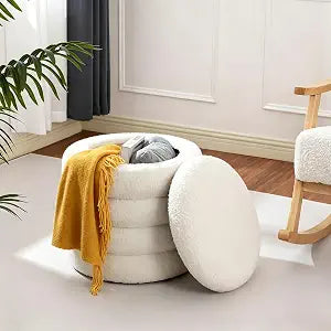 Teddy Sherpa Round Ottoman with Storage, Modern Upholstered Vanity Stool Foot Rest, Small White Boucle Storage Ottoman for Bedroom, Living Room, Entryway, Dorm