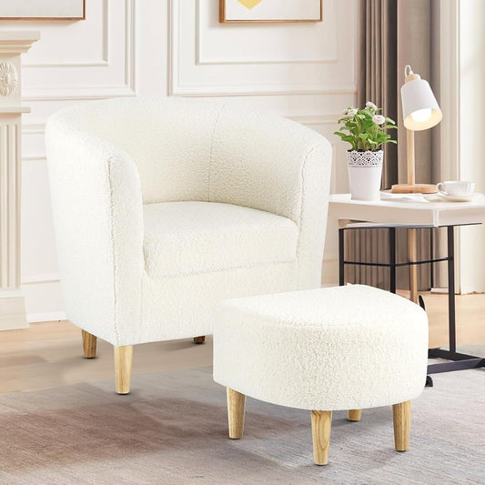 Sherpa Accent Chair with Ottoman, White Fluffy Teddy Barrel Armchair for Cozy Living Room, Small Comfy Chairs for Bedroom, Reading Corner