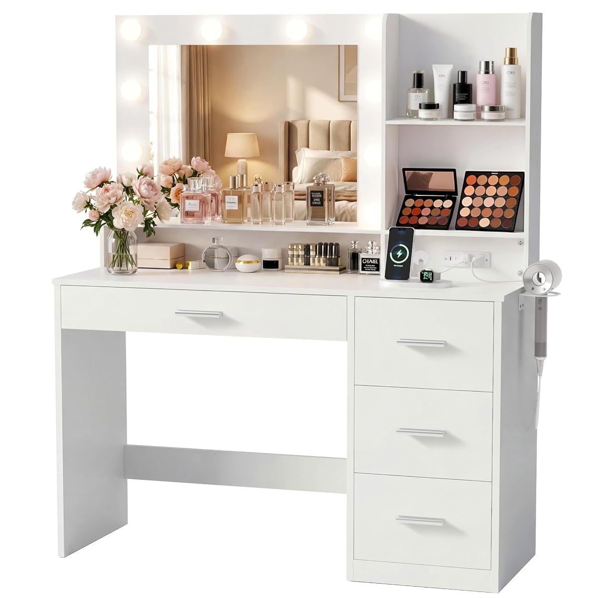 39 Inch Vanity Desk with Mirror and LED Lights, Modern White