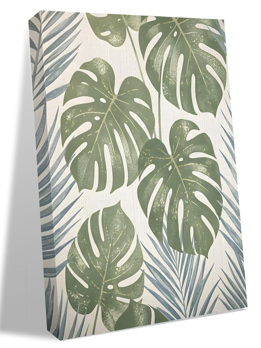 NuYeBiofx Farm Retro Monstera Palm Leaves Canvas Wall Art Prints,40"x28" Framed Picture Artwork Sage Green Gray Plant Printed Canvas Oil Painting for Living Room Bedroom Office,Ready to Hang