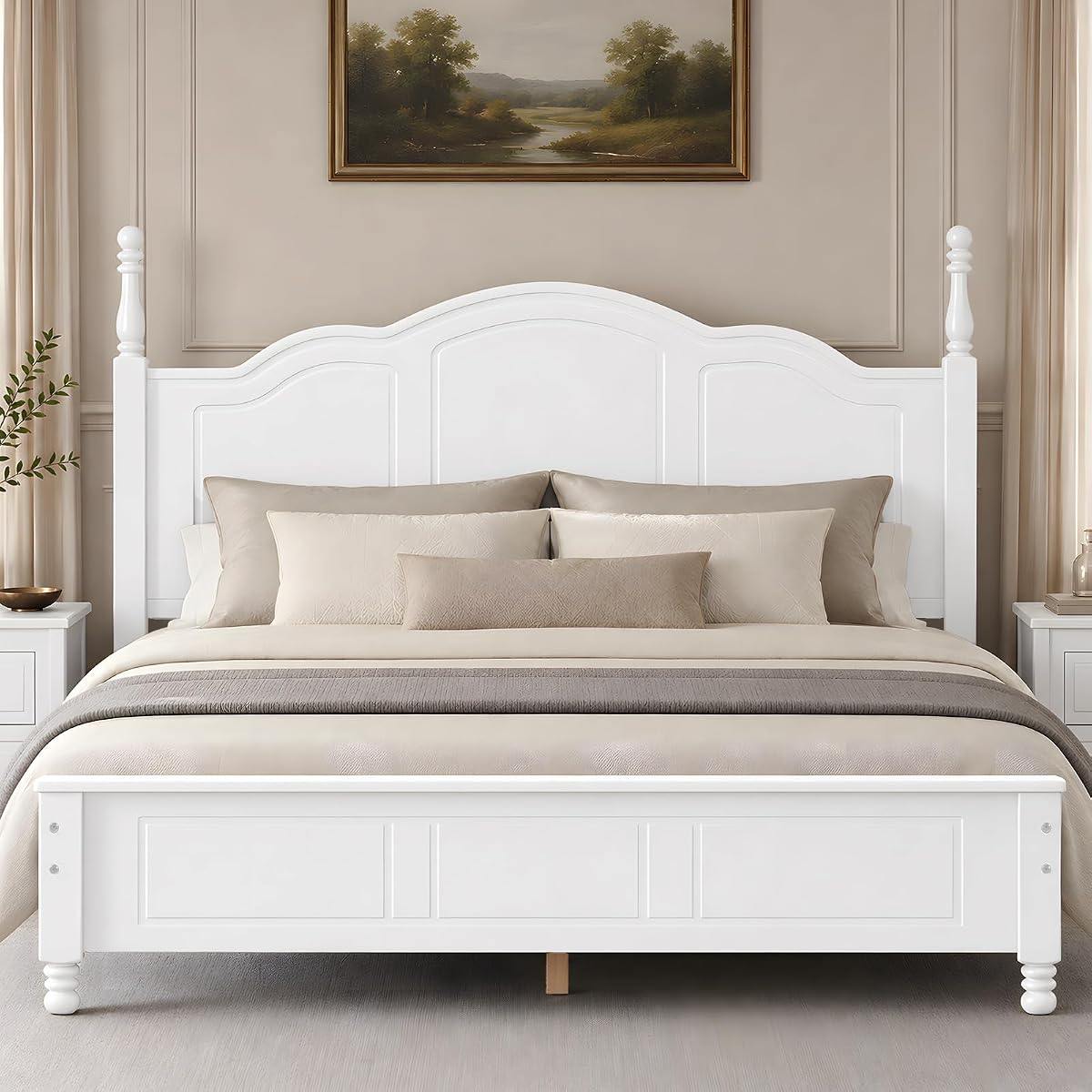 Vintage Queen Wood Bed Frame with Retro Style Headboard, White