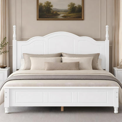 Vintage Queen Wood Bed Frame with Retro Style Headboard, White