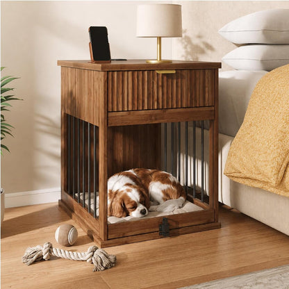 27.6" W Dog Crate Furniture, Wooden Indoor Dog Kennel with Charging Station