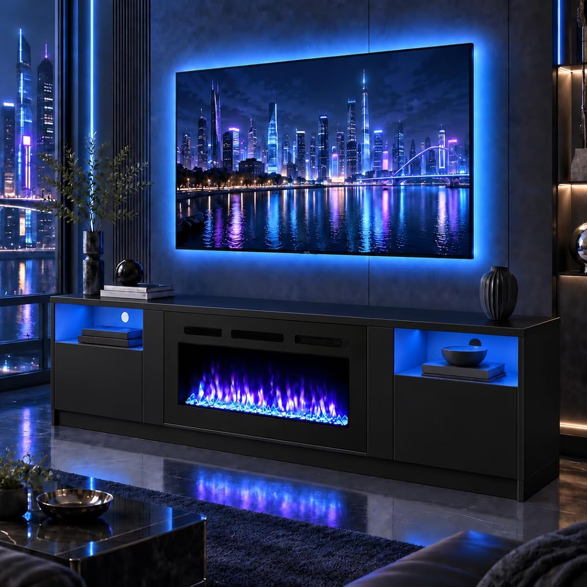 70" Fireplace TV Stand,Modern Entertainment Center Heating Fireplace