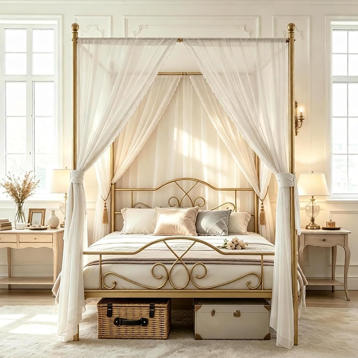Queen Canopy Bed Frame with 4 Posters, Queen Size Bed for Girls Adults