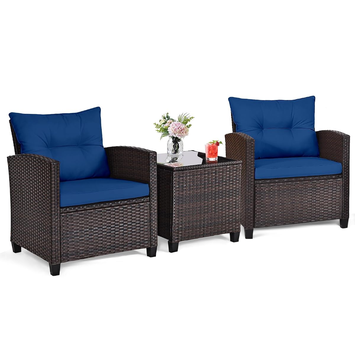 3 Pieces Patio Furniture Set, Outdoor Wicker Conversation Set Rattan Chairs with Cushions, Glass Coffee Table, Bistro Set for Front Porch Balcony Garden Deck Poolside (Navy)