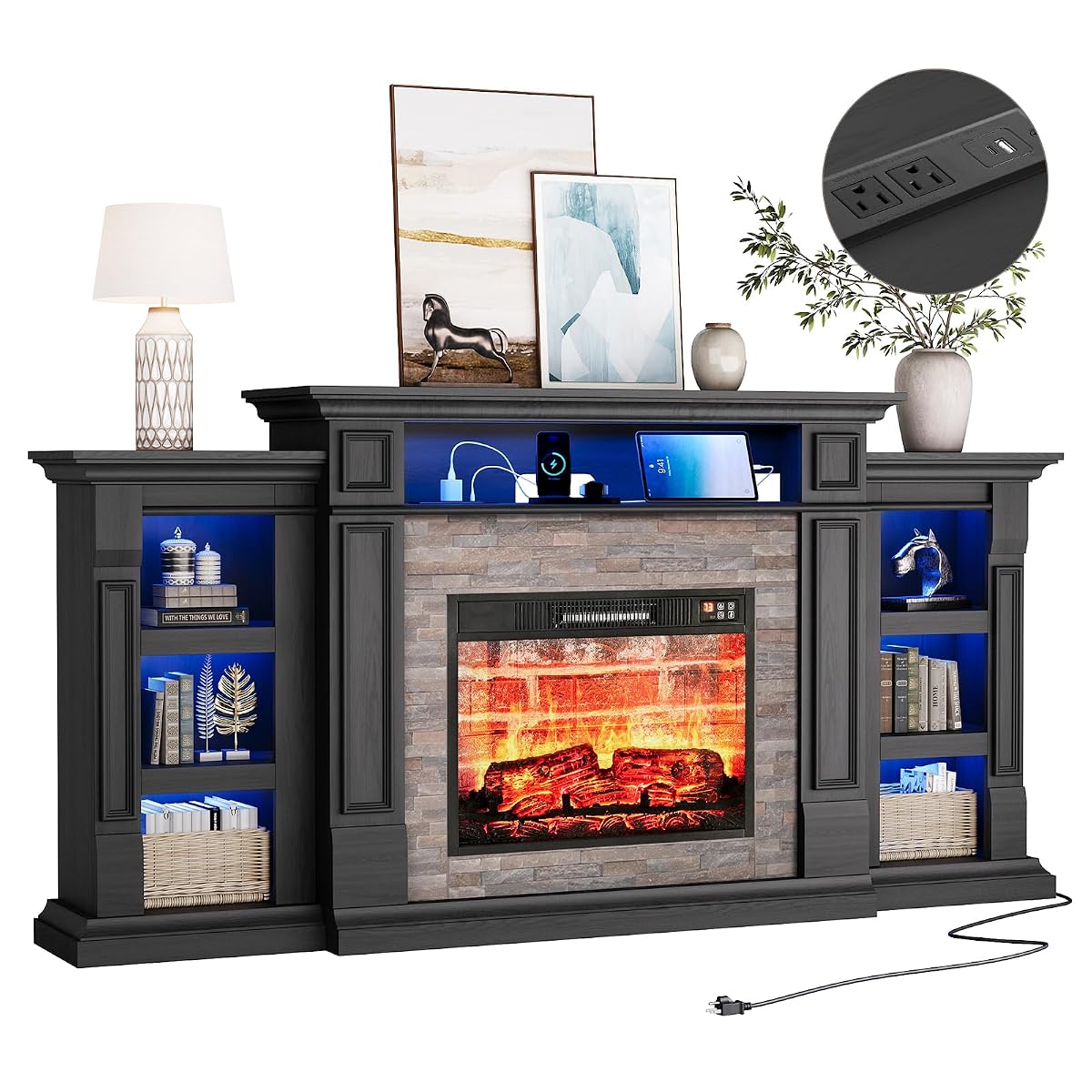 72'' Fireplace TV Stand with Outlet & LED, Electric Fireplace with Mantel