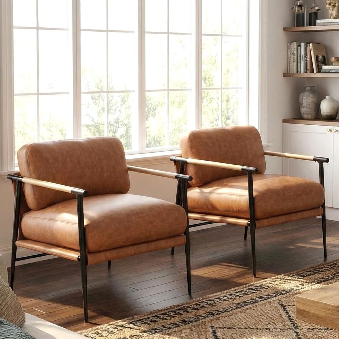 PU Leather Accent Chairs Set of 2 Brown Lounge Chairs with Metal Legs Modern Armchairs Upholstered Mid-Century Comfy Leisure Chair for Bedroom Living Room Reception Area