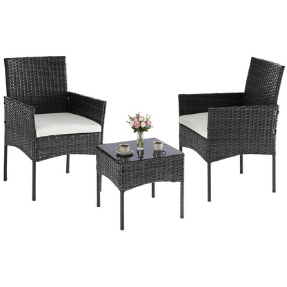 3-Piece Patio Furniture Set, Outdoor Wicker Rattan Chairs with Removable Cushion & Tempered Glass Table, Conversation Set Furniture for Porch, Balcony, Deck - Black