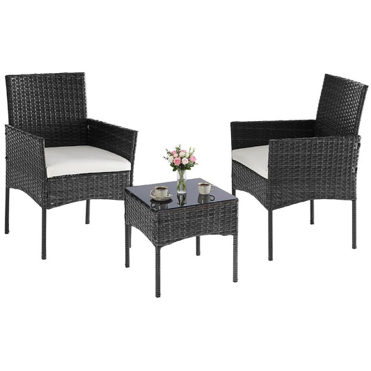 3-Piece Patio Furniture Set, Outdoor Wicker Rattan Chairs with Removable Cushion & Tempered Glass Table, Conversation Set Furniture for Porch, Balcony, Deck - Black