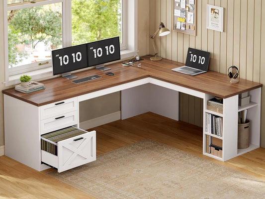 Farmhouse 67" L Shaped Desk with 3 Drawers, White Corner Computer Desk with Storage Shelves, Home Office Desks with Power Outlets，Executive Desk for Home Office, White and Brown