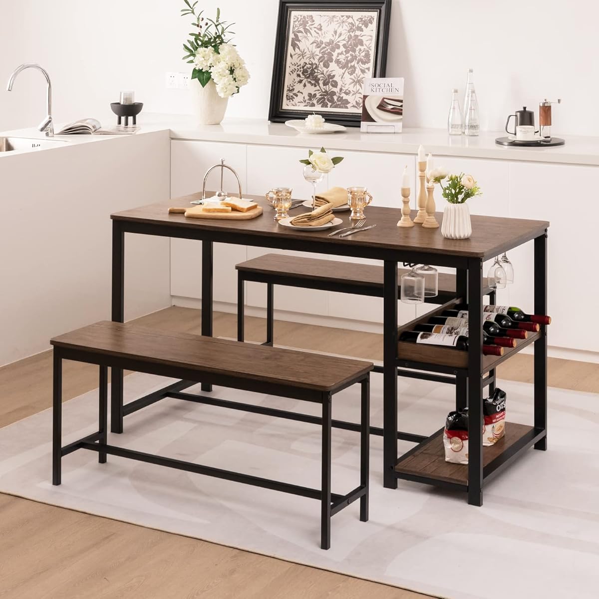 Dining Table Set for 4, 3-Piece 55" L Kitchen Table Set w/ 2 Benches, Breakfast Table w/ 5-Bottle Wine Rack & Glass Holder, Space-Saving Dinette Set for Dining Room, Kitchen, Apartment