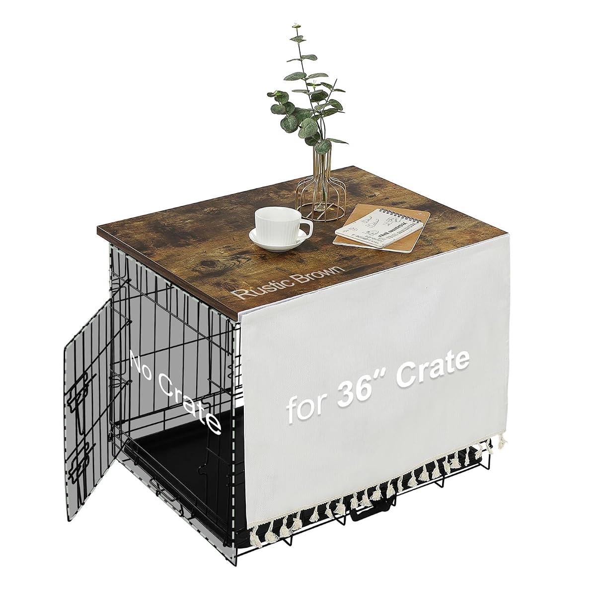 Dog Crate Topper Wood with Tassel Curtain for 36 inch Crate