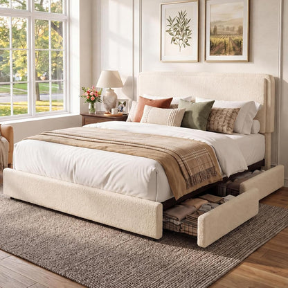 Boucle Queen Upholstered Platform Bed Frame with 2 Storage Drawers