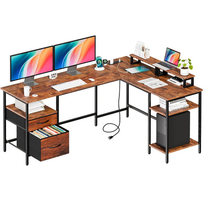 62” L Shaped Desk with Drawers and Power Outlet, Rustic Brown