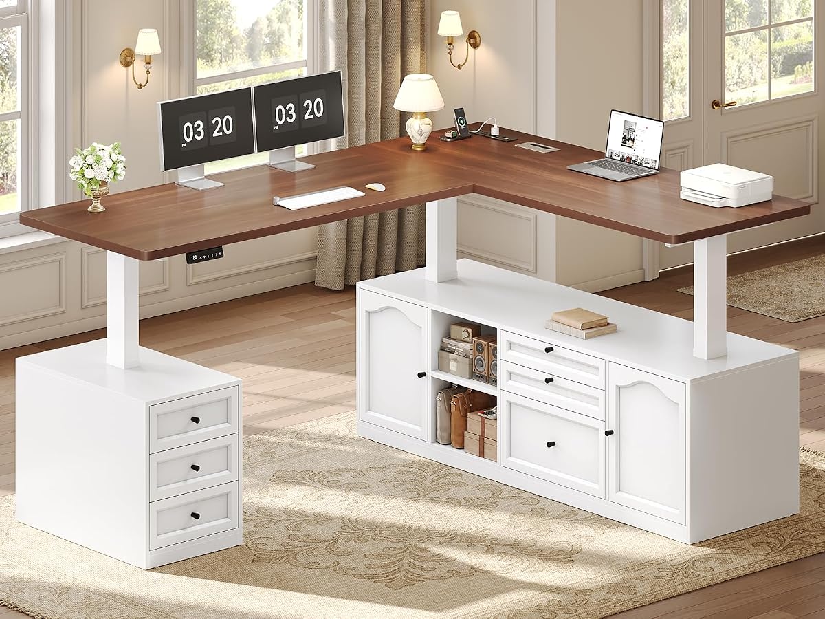 Farmhouse L Shaped Executive Electric Standing Desk with 6 Drawers