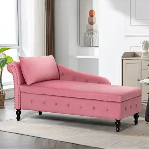 Velvet Chaise Lounge w/Left Armrest & Storage Space, Pink, view 2