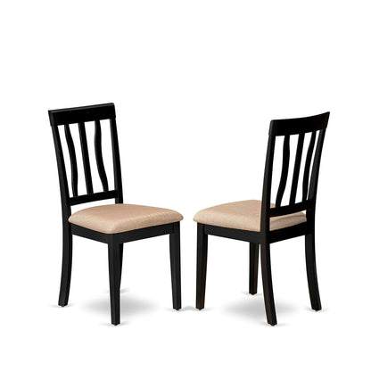 ANC-BLK-C Antique Dining Chairs - Linen Fabric Upholstered Wood Chairs, Set of 2, Black