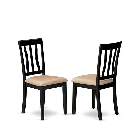 ANC-BLK-C Antique Dining Chairs - Linen Fabric Upholstered Wood Chairs, Set of 2, Black
