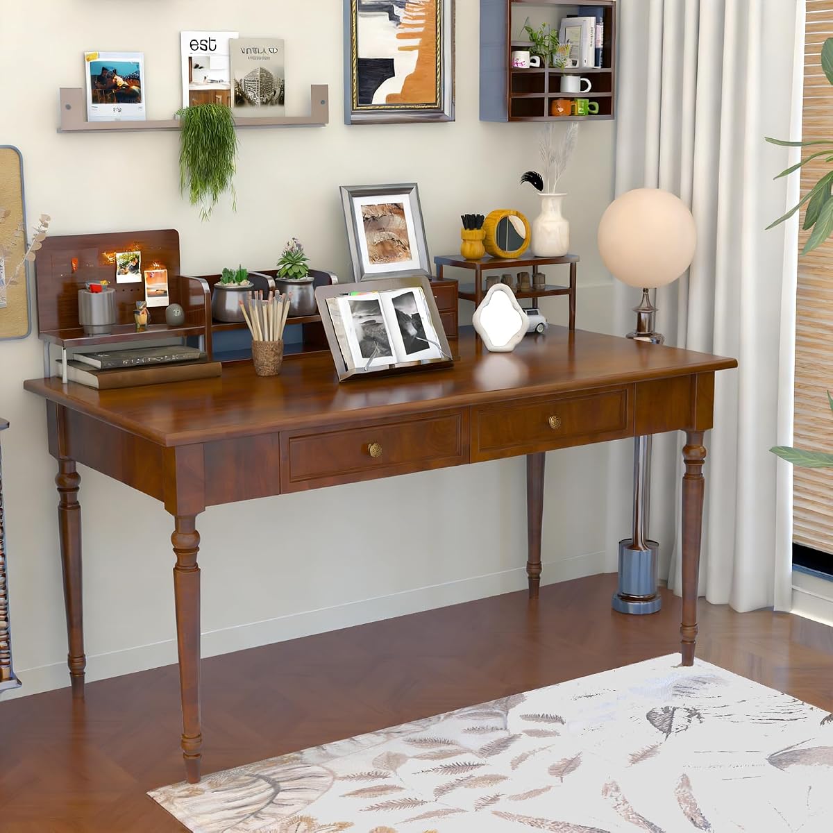 Solid Wood French Country Desk, Writing Desk with Storage Drawers