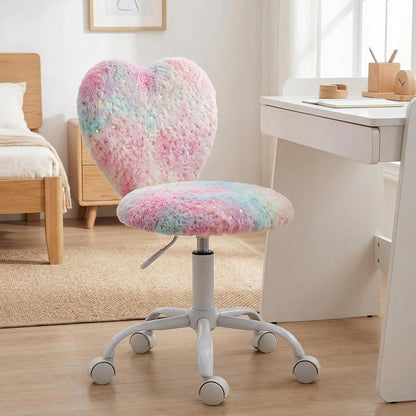 Kids Desk Chair Faux Fur Study Chair for Teenage Girls, Adjustable Heart Shaped Kids Vanity Chair for Bedroom Reading Living Room, Small Cute Student Task Chair with White Foot, Colorful