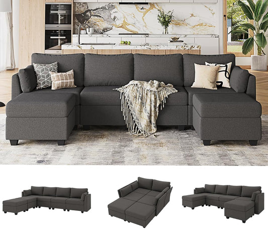 Modular Sectional Sofa with Storage, U Shaped Sectional Couch for Living Room, Convertible Modular Sofa Couch with Ottomans, High Supportive & Soft Sponge, 6 Seat, Darkgrey