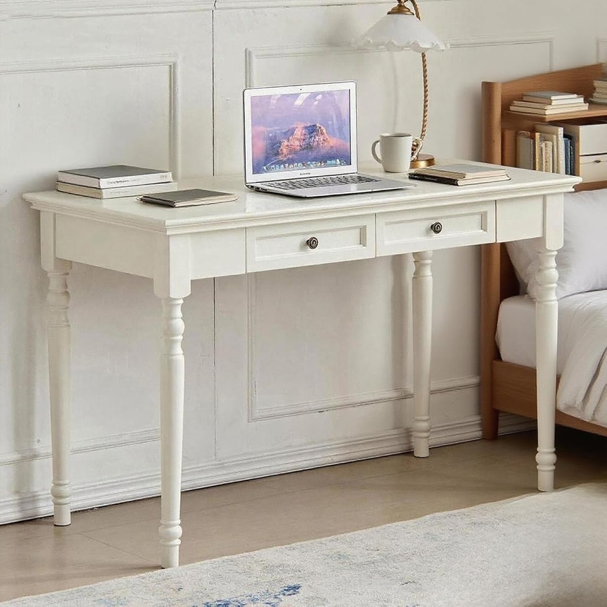 French Country Style Writing Desk with Drawers, White, 47''