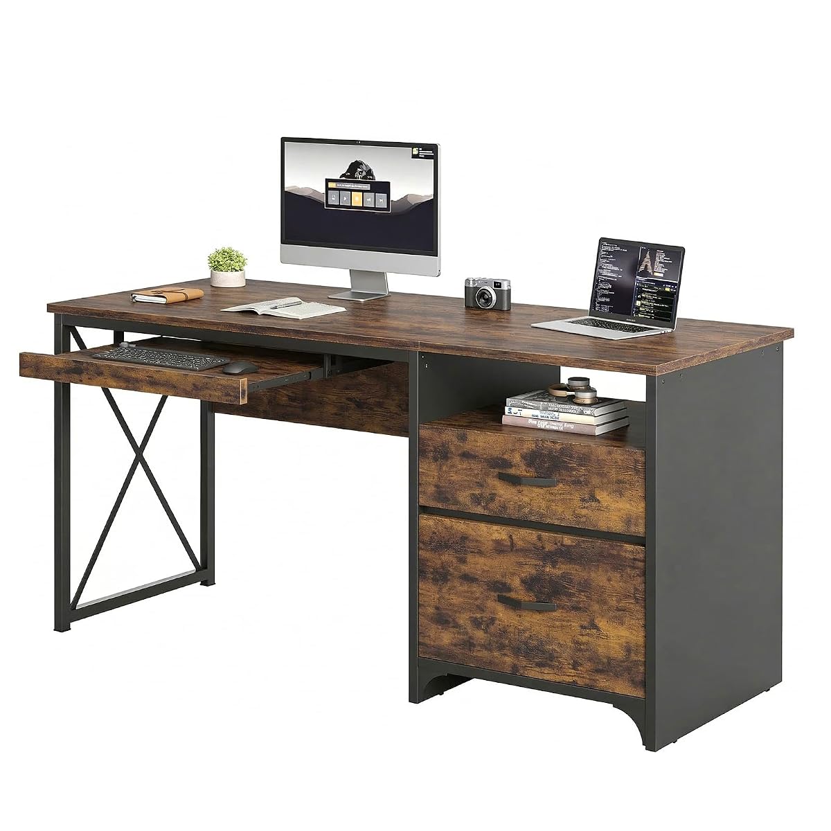 Office Desk with Drawers, 55 inch Industrial Computer Desk with Storage