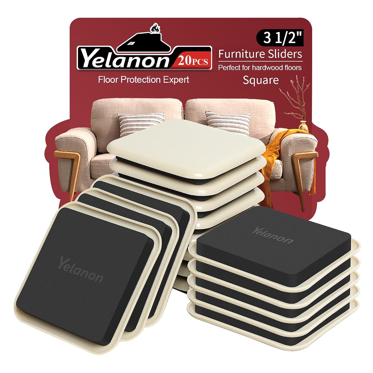 Furniture Sliders, 20 pcs-3 1/2” Square Beige Furniture Sliders for Carpet, Furniture Pads for Hardwoods Floors，Furniture Movers Sliders, Reusable Moving Pads, Floor Protectors for Carpet